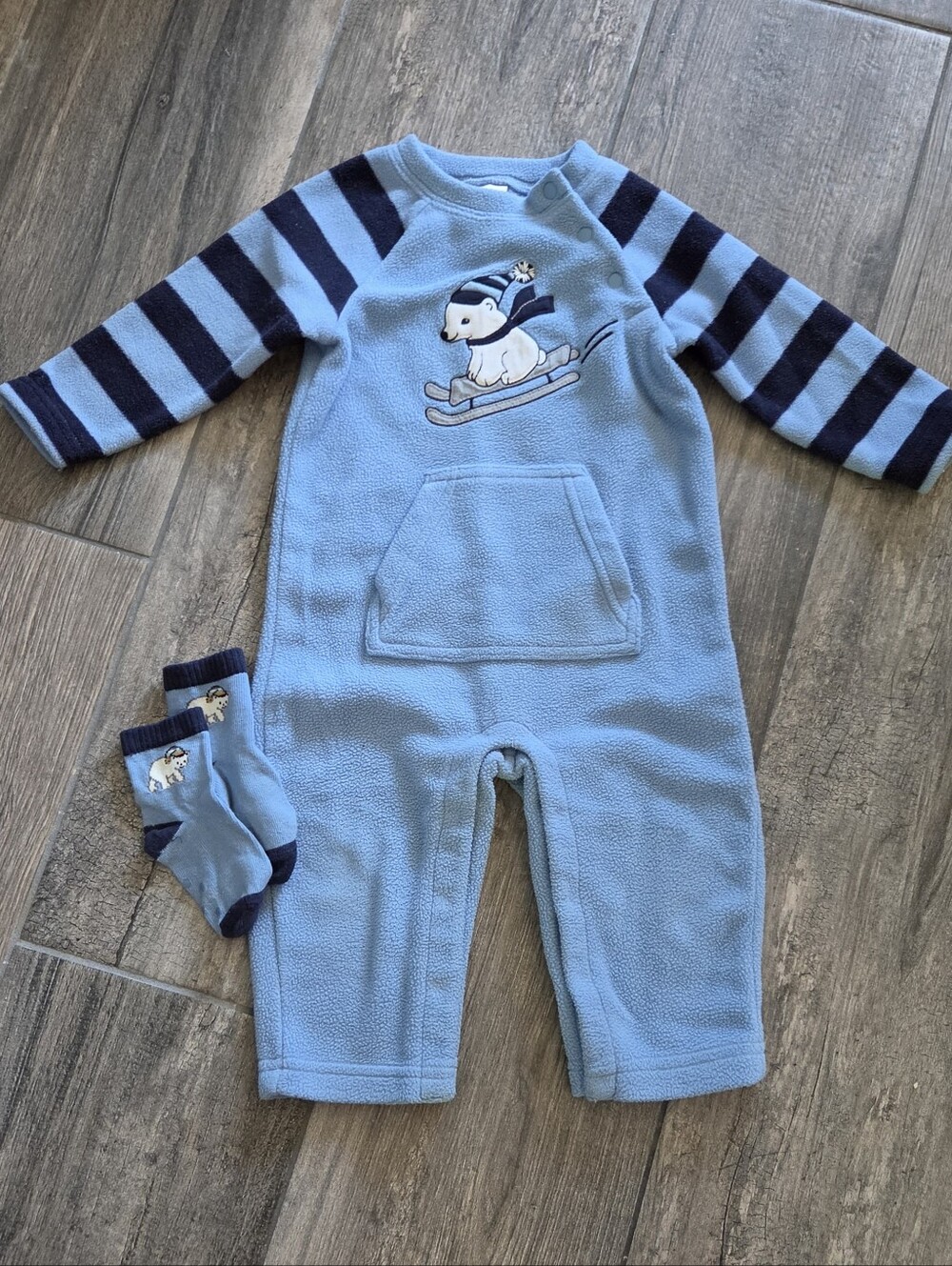 Gymboree EUC 12-18 Blue Fleece Polar Bear One-Piece Romper and Socks